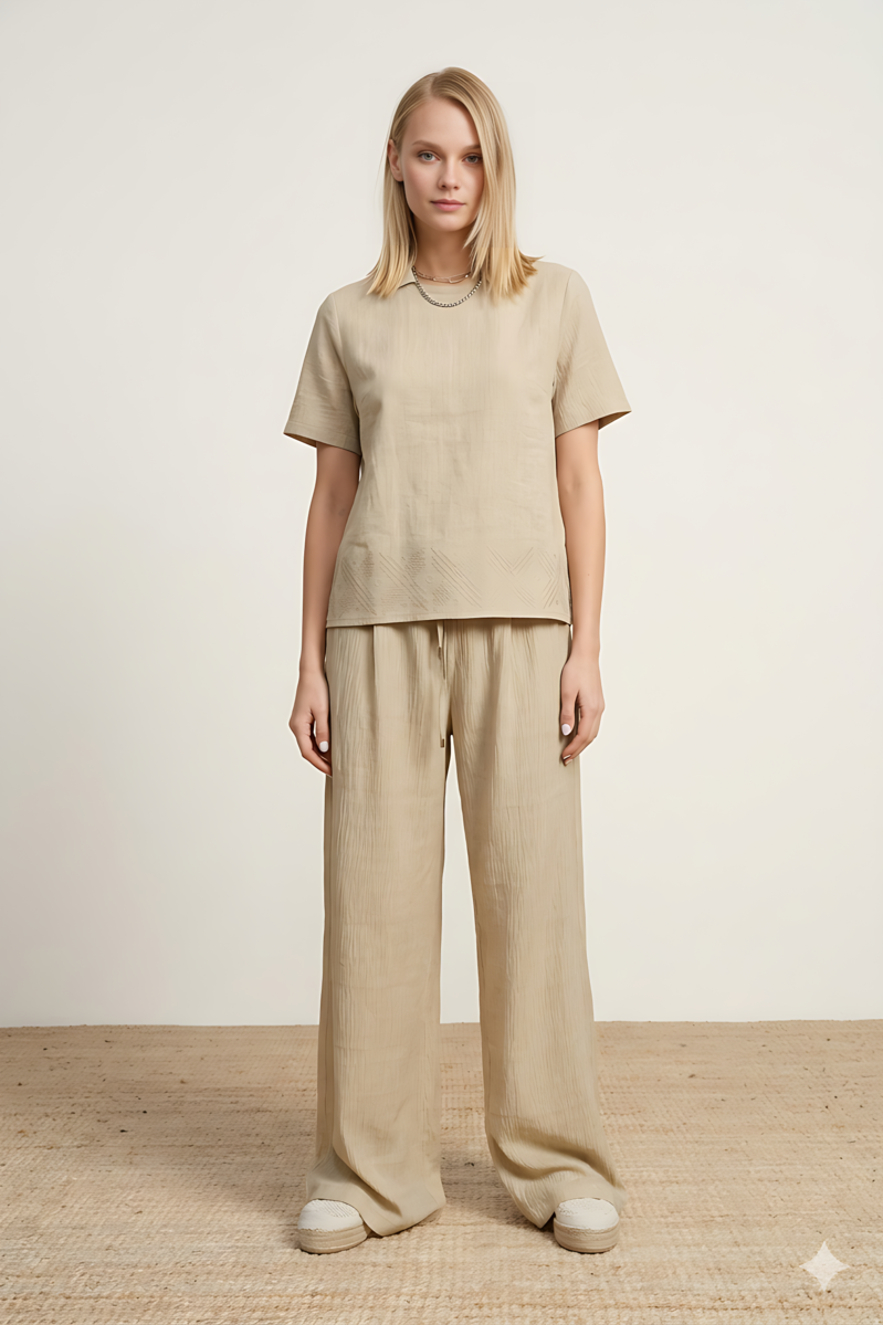 PANTALÓN ANCHO CON CORDÓN COLOR BEIGE 2